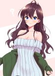  1girl :3 ? ahoge bangs bare_shoulders blue_eyes blush breasts brown_hair cleavage collarbone earrings eyebrows_visible_through_hair green_jacket hair_between_eyes highres ichinose_shiki idolmaster idolmaster_cinderella_girls jacket jewelry kuroshiro_(ms-2420) large_breasts long_hair looking_at_viewer navel off-shoulder_sweater off_shoulder open_clothes open_jacket ribbed_sweater simple_background smile solo sweater waist wavy_hair white_sweater 