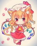  1girl :3 animal_ears ascot bent_elbows bent_knees blonde_hair cat_ears cat_tail collared_shirt commentary_request eyebrows_visible_through_hair eyes_visible_through_hair flandre_scarlet frilled_shirt_collar frilled_skirt frills full_body gem gloves gradient gradient_background hair_ribbon hands_up hat hat_ribbon highres hoshino_yura kemonomimi_mode light_blush looking_at_viewer medium_hair mob_cap one_side_up paw_background paw_gloves paw_print paws petticoat puffy_short_sleeves puffy_sleeves red_eyes red_footwear red_ribbon red_skirt red_vest ribbon shirt short_sleeves skirt socks solo tail thick_eyebrows touhou twitter_username vest white_legwear white_shirt wings yellow_neckwear 
