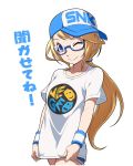  1girl baseball_cap blonde_hair blue-framed_eyewear blue_eyes breasts commentary_request cutoffs enta_girl falcoon hat highres long_hair low_ponytail mascot official_art one_eye_closed semi-rimless_eyewear shirt short_shorts shorts sideways_hat small_breasts snk solo t-shirt 