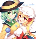  2girls :d :p asymmetrical_docking back_cutout black_hat blonde_hair blouse blush breast_press breasts closed_mouth collar collared_blouse commentary_request diamond_(shape) eyebrows_visible_through_hair eyes_visible_through_hair flandre_scarlet frilled_collar frills gradient_eyes green_eyes green_hair hair_ribbon hat hat_ribbon juliet_sleeves komeiji_koishi limited_palette long_sleeves looking_at_viewer medium_hair mob_cap multicolored multicolored_eyes multiple_girls open_mouth puffy_sleeves red_ribbon red_shirt ribbon ribbon-trimmed_sleeves ribbon_trim shikitani_asuka shirt side_ponytail simple_background small_breasts smile third_eye tongue tongue_out tongue_up touhou twitter_username upper_body v-neck white_background wings yellow_blouse yellow_eyes yellow_ribbon 