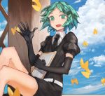  androgynous aruto2498 blue_sky butterfly clipboard clouds elbow_gloves gem_uniform_(houseki_no_kuni) gloves green_eyes green_hair houseki_no_kuni looking_at_viewer open_mouth phosphophyllite short_hair sky smile solo waving 