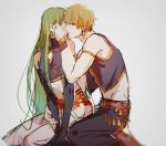  armlet blonde_hair closed_eyes earrings elbow_gloves enkidu_(fate/strange_fake) eyebrows_visible_through_hair fate/grand_order fate/strange_fake fate_(series) gilgamesh gloves green_hair grey_background hand_on_another&#039;s_face highres imminent_kiss jewelry leaning_on_person long_hair looking_at_viewer midriff navel partially_opened_mouth red_eyes rrr_(reason) seiza short_hair simple_background sitting sketch sleeveless very_long_hair 