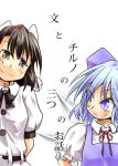  2girls black_hair blue_dress blue_eyes blue_hair blush bow cirno commentary_request cover cover_page doujin_cover dress graphite_(medium) grey_eyes hair_bow hat ice ice_wings looking_at_another multiple_girls pom_pom_(clothes) puffy_short_sleeves puffy_sleeves red_ribbon ribbon shameimaru_aya shirt short_hair short_sleeves smile tokin_hat touhou traditional_media white_background white_shirt wings yrjxp065 