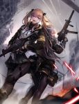  2girls 404_logo_(girls_frontline) absurdres ankle_boots armband back-to-back bangs black_gloves black_jacket black_legwear blush boots bow brown_eyes brown_hair cityscape closed_mouth clouds cloudy_sky eyebrows_visible_through_hair fingerless_gloves fire floating_hair from_below girls_frontline gloves gun h&amp;k_ump h&amp;k_ump45 h&amp;k_ump9 hair_between_eyes hair_bow hair_ornament hair_ribbon hairclip heckler_&amp;_koch highres holding holding_gun holding_weapon hood hooded_jacket jacket knee_pads lamppost light_particles long_hair looking_at_viewer magazine_(weapon) multiple_girls one_side_up open_mouth pantyhose pleated_skirt pouch rad ribbon ruins scar scar_across_eye scarf shirt sidelocks sign skirt sky smile submachine_gun suppressor thigh_strap trigger_discipline twintails ump45_(girls_frontline) ump9_(girls_frontline) walkie-talkie weapon white_shirt yellow_eyes 