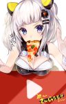  1girl animal_ears bangs bare_shoulders blue_eyes blunt_bangs blush breasts cleavage cleavage_cutout commentary_request food food_in_mouth hair_ornament highres kaguya_luna kaguya_luna_(character) looking_at_viewer medium_breasts pizza short_hair sidelocks silver_hair sleeveless solo translation_request upper_body utayoi_(umakatare) virtual_youtuber 