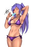  1girl absurdres airisubaka bikini breasts cleavage food highres ice_cream iris_heart kami_jigen_game_neptune_v large_breasts long_hair looking_at_viewer navel neptune_(series) one_eye_closed ponytail purple_hair red_eyes signature solo swimsuit symbol-shaped_pupils tan tanline 