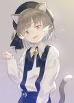  1girl :d animal_ears bell beret black_hat black_ribbon black_skirt brown_eyes brown_hair cat_ears cat_girl cat_tail collared_shirt fangs hair_rings hand_up hat hatoba_tsugu hatoba_tsugu_(character) head_tilt jingle_bell kemonomimi_mode long_sleeves looking_at_viewer mole mole_under_eye neck_bell open_mouth paw_pose ribbon shirt skirt sleeves_past_wrists smile solo subachi suspender_skirt suspenders tail virtual_youtuber white_shirt 