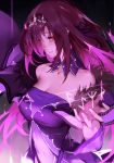  1girl bangs bare_shoulders breasts cleavage closed_mouth dress fate/grand_order fate_(series) hand_up headpiece large_breasts long_hair looking_at_viewer purple_dress purple_hair red_eyes reroi scathach_(fate/grand_order) sidelocks smile solo 