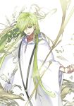  androgynous ayanolity black_neckwear collarbone enkidu_(fate/strange_fake) fate/grand_order fate/strange_fake fate_(series) feathers green_hair hair_over_one_eye long_hair open_mouth robe simple_background white_background white_eyes white_robe wide_sleeves 