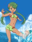  1girl bandeau bikini_shorts clouds dark_skin green_eyes green_hair highres long_hair mallow_(pokemon) navel ontaros open_mouth pokemon pokemon_(anime) pokemon_sm_(anime) shorts sky solo splashing swimsuit trial_captain twintails water 