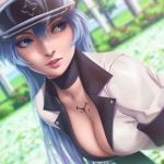 1girl akame_ga_kill! black_choker blue_eyes blue_hair blurry blurry_background breasts choker cleavage colored_eyelashes day depth_of_field dutch_angle esdeath garden hair_between_eyes hat highres jacket leaning_forward lips long_hair looking_away looking_to_the_side medium_breasts military_jacket miura-n315 nose outdoors parted_lips peaked_cap short_sleeves solo tattoo teeth upper_body white_hat white_jacket 