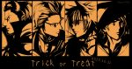  4boys absurdres animal_ears cat_ears collar final_fantasy final_fantasy_xv food freckles fruit gladiolus_amicitia halloween high_contrast highres horns ignis_scientia male_focus multiple_boys nekonii noctis_lucis_caelum orange prompto_argentum red_eyes slit_pupils spiked_collar spikes 