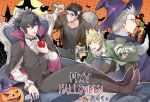  4boys animal_ears apple bat black_hair blonde_hair bow bowtie brown_hair cape carrot collar fangs final_fantasy final_fantasy_xv flail food frankenstein&#039;s_monster fruit full_moon gladiolus_amicitia glasses gloves green_eyes gun halloween hat ignis_scientia jack-o&#039;-lantern male_focus mintgreen0913 moon morning_star multiple_boys noctis_lucis_caelum prompto_argentum red_eyes skull stitches tail tongue tongue_out vampire vest waistcoat weapon witch_hat wolf_ears wolf_tail 