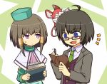  1girl :d ahoge animal animal_on_head black_hair blue_eyes book brown_hair character_request filia_(merc_storia) glasses hat long_sleeves maguro_(mawaru_sushi) merc_storia necktie notepad on_head open_mouth pen short_hair smile violet_eyes 