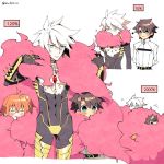  ahoge aqua_eyes blue_eyes blush bodysuit brown_hair cape chaldea_uniform collar directional_arrow earrings fate/grand_order fate_(series) fujimaru_ritsuka_(female) fujimaru_ritsuka_(male) jewelry karna_(fate) nabenko orange_hair simple_background spiked_collar spiked_gauntlets spikes twitter_username white_background white_hair 