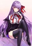  1girl bb_(fate/extra_ccc) black_legwear blush breasts eyebrows_visible_through_hair fate/extra fate/extra_ccc fate/grand_order fate_(series) gloves hair_ribbon highres holding holding_wand large_breasts long_hair looking_at_viewer playing_with_own_hair purple_hair ribbon sitting skirt smile solo very_long_hair violet_eyes wand white_gloves 