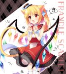  1girl :o alternate_costume animal_ears bare_arms bare_shoulders blonde_hair blue_choker blue_ribbon bow cat_ears cat_tail character_name choker commentary_request dress feet_out_of_frame flandre_scarlet hair_ribbon hat hat_ribbon kemonomimi_mode mini_hat mini_top_hat open_mouth red_dress red_eyes ribbon sailor_collar shikitani_asuka short_hair solo standing star tail top_hat touhou white_legwear wings yellow_bow yellow_neckwear 