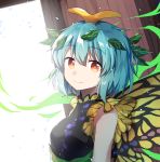  1girl antennae bare_arms bare_shoulders blue_hair breasts butterfly_wings caramell0501 commentary_request dress eternity_larva eyebrows_visible_through_hair leaf leaf_on_head looking_at_viewer medium_breasts orange_eyes short_hair smile solo touhou upper_body wings 