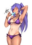  1girl absurdres airisubaka bikini breasts cleavage food highres ice_cream iris_heart kami_jigen_game_neptune_v large_breasts long_hair looking_at_viewer navel neptune_(series) one_eye_closed ponytail purple_hair red_eyes signature solo swimsuit symbol-shaped_pupils tan tanline 