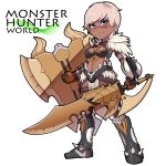  1girl armor armored_boots bikini_armor blonde_hair blush boots charge_blade chibi copyright_name dark_skin eyebrows_visible_through_hair full_body gauntlets holding holding_shield holding_sword holding_weapon horns kupala loincloth looking_at_viewer monster_hunter monster_hunter:_world navel nergigante_(armor) no_nose scar scar_across_eye shield short_hair skull smile solo spikes stomach sword violet_eyes weapon 