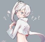  1girl blue_eyes clothes_removed ecru ponytail rwby scar scar_across_eye shocked_eyes solo twitter_username weiss_schnee white_hair 