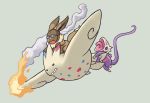  alternate_color creature eevee falling fire flying full_body gen_1_pokemon gen_3_pokemon gen_4_pokemon glitchedpuppet goggles grey_background kecleon no_humans not_shiny_pokemon open_mouth pokemon pokemon_(creature) scared simple_background smoke togekiss tongue tongue_out 