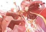  1boy :3 astolfo_(fate) backlighting bangs black_bow black_legwear black_shirt black_skirt bleeding blood bloom boots bow braid buckle cherry_blossoms closed_mouth commentary_request eyebrows_visible_through_hair eyelashes fate/apocrypha fate_(series) faulds feet_out_of_frame from_side fur-trimmed_cloak fur_collar gauntlets glint gold_trim gorget hair_between_eyes hair_bow hair_intakes hand_up holding holding_sword holding_weapon knee_boots light_smile lips long_hair long_sleeves looking_at_viewer looking_to_the_side male_focus miniskirt multicolored_hair petals pink_hair puffy_long_sleeves puffy_sleeves red_cloak red_eyes shirt simple_background single_braid skirt solo streaked_hair sword thigh-highs trap two-tone_hair weapon white_background white_footwear white_hair zettai_ryouiki 