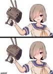  1girl 2koma :3 :d artist_name blue_eyes blush cannon closed_eyes comic commentary_request gloves grey_hair hair_ornament hair_over_one_eye hairclip hamakaze_(kantai_collection) highres kantai_collection momiji_(103) neckerchief open_mouth sailor_collar school_uniform serafuku short_hair simple_background smile trigger_discipline upper_body white_background white_gloves 