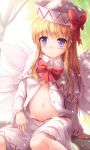 1girl blonde_hair blue_eyes bow bowtie capelet commentary_request eyebrows_visible_through_hair eyes_visible_through_hair fairy_wings hat hat_bow highres lily_white long_hair long_sleeves looking_at_viewer lzh navel open_clothes red_bow red_neckwear smile solo stomach touhou wings 