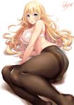  1girl arm_support artist_name ass atago_(kantai_collection) black_legwear blonde_hair blue_eyes blue_skirt bra breasts commentary gusset kantai_collection large_breasts long_hair long_sleeves looking_at_viewer lying no_shirt no_shoes on_side panties pantyhose parted_lips sakiyamama shirt simple_background skirt smile solo thighband_pantyhose underwear white_background white_bra white_panties 