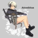  1girl blonde_hair boots commentary ear_protection gloves green_eyes gun headphones highres holding holding_gun holding_weapon moririn original pouch short_hair simple_background sitting solo weapon 