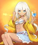  1girl bead_necklace beads bikini_top blue_eyes breasts cup dangan_ronpa holding holding_cup jacket jewelry long_hair looking_at_viewer necklace new_dangan_ronpa_v3 skirt small_breasts smile twintails white_hair yellow_jacket yonaga_angie 