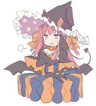  1girl :d animal bangs bare_shoulders black_cat black_hat black_wings blade_(galaxist) blue_eyes blush bow cat commentary_request curled_horns demon_tail dragon_horns dress elizabeth_bathory_(fate) elizabeth_bathory_(fate)_(all) eyebrows_visible_through_hair fang fate/extra fate/extra_ccc fate_(series) frilled_hat frills hair_between_eyes hair_bow hat horns horns_through_headwear jack-o&#039;-lantern long_hair looking_at_viewer low_wings multicolored multicolored_clothes multicolored_dress open_mouth orange_bow pink_hair print_hat simple_background smile solo star star_print striped tail upper_body vertical-striped_dress vertical_stripes very_long_hair white_background wings witch_hat 