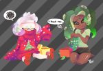  +_+ 2girls 3d_rod! artist_name barefoot black_hair black_shorts black_skin brown_eyes christmas_tree closed_mouth commentary covered_mouth diagonal-striped_background diagonal_stripes english english_commentary gift gradient_hair green_hair green_legwear green_shirt grey_background highres hime_(splatoon) holding_clothes holding_socks iida_(splatoon) kneeling long_hair long_sleeves looking_at_viewer mole mole_under_mouth multicolored_hair multiple_girls octarian oversized_clothes pink_hair print_legwear red_legwear red_sweater shirt short_hair short_shorts shorts sitting sleeves_past_wrists smile socks splatoon splatoon_2 spoken_squiggle squiggle striped striped_background suction_cups sweatdrop t-shirt tentacle_hair wavy_mouth 