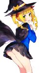  1girl blonde_hair cape commentary_request copyright_request green_eyes hat highres kneehighs mika_pikazo open_mouth ribbon simple_background skirt solo twintails white_background witch_hat 