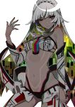  1girl altera_(fate) arm_at_side arm_up bandeau bare_shoulders black_nails breasts chromatic_aberration closed_mouth commentary_request dark_skin detached_sleeves fate/extella fate/extra fate_(series) fingernails highres long_hair long_sleeves looking_at_viewer nail_polish navel one_eye_closed ram_(ramlabo) red_eyes revealing_clothes silver_hair simple_background small_breasts solo veil white_background white_bandeau 