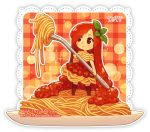  1girl artist_name bangs brown_legwear chibi closed_mouth commentary dav-19 dress eyebrows_visible_through_hair eyes_visible_through_hair food food_themed_clothes fork holding holding_fork in_food lace_background leaf long_hair looking_away looking_to_the_side original pasta personification plaid plate red_dress red_eyes redhead short_sleeves smile solo spaghetti standing thigh-highs tomato tomato_sauce transparent_background very_long_hair watermark web_address 