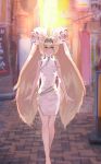  1girl alternate_costume armlet barefoot blazblue blonde_hair china_dress chinese_clothes dress green_eyes headband long_hair looking_at_viewer looking_to_the_side platinum_the_trinity quentin_lecuiller smile solo twintails very_long_hair 