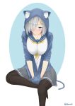  1girl absurdres animal_ears animal_hood blue_eyes blue_hoodie blush breasts cat_hood collarbone embarrassed fake_animal_ears fake_tail grey_skirt hair_ornament hairclip hamakaze_(kantai_collection) hands_in_pockets highres hood kantai_collection large_breasts pantyhose rinto_(ronto66) short_hair silver_hair simple_background skirt solo twitter_username white_background 
