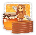  1girl artist_name blush bow brown_bow brown_dress brown_eyes brown_footwear brown_hair brown_hairband brown_legwear cake chibi closed_mouth commentary dav-19 dress food fork fur-trimmed_dress hair_bow hairband holding holding_fork honey honeycomb_(pattern) jar lace_background long_hair looking_away looking_to_the_side original pantyhose personification short_sleeves slice_of_cake smile solo standing striped striped_bow striped_hairband striped_legwear transparent_background very_long_hair watermark web_address 