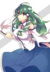  1girl ahoge breast collar detached_sleeves frog gohei green_eyes green_hair haduki8914 hair_accessories kochiya_sanae skirt smile snake touhou 