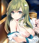  1girl absurdres bangs bare_shoulders bra breasts bucket cleavage closed_mouth clothed_bath commentary_request detached_sleeves eyebrows_visible_through_hair fallen_heaven flower frog_hair_ornament green_eyes hair_ornament highres ke-ta_(style) kochiya_sanae long_hair looking_at_viewer medium_breasts night pink_bra pink_flower snake_hair_ornament solo touhou underwear upper_body water wooden_bucket 