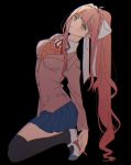  1girl blazer brown_hair doki_doki_literature_club green_eyes jacket kneeling long_hair looking_at_viewer manio monika_(doki_doki_literature_club) ponytail school_uniform skirt solo thigh-highs 