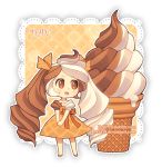  1girl :d artist_name bangs blush bow brown_bow brown_dress brown_eyes brown_footwear brown_hair brown_ribbon chibi commentary dav-19 dress drill_hair eyebrows_visible_through_hair food food_themed_clothes hair_as_food hair_ribbon ice_cream ice_cream_cone lace_background long_hair multicolored_hair open_mouth original own_hands_together personification puffy_short_sleeves puffy_sleeves ribbon short_sleeves smile soft_serve solo standing transparent_background twin_drills twintails two-tone_hair very_long_hair watermark web_address white_hair 