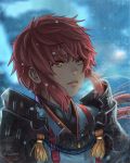  1girl armor blue_background commentary commission dicesms lora_(xenoblade_2) parted_lips pauldrons redhead short_hair signature snow solo wind xenoblade xenoblade_2 yellow_eyes 
