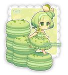  1girl artist_name bare_arms bare_shoulders bow chibi closed_mouth commentary dav-19 dress food food_themed_clothes food_themed_hair_ornament frilled_dress frills green_bow green_dress green_eyes green_hair green_hairband hair_ornament lace_background looking_away macaron original personification puffy_dress short_hair smile solo standing standing_on_one_leg strapless strapless_dress striped striped_bow transparent_background watermark web_address white_footwear 