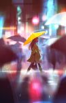  absurdres bag black_hair building city city_lights cityscape coat highres jenny_yu lights long_hair neon_lights original rain raincoat shoes skyline traffic_light umbrella 