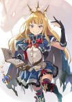  1girl bangs black_footwear black_gloves black_legwear blonde_hair blunt_bangs book boots bow bowtie cagliostro_(granblue_fantasy) commentary dress gloves granblue_fantasy grin hairband hinami_(hinatamizu) holding holding_book long_hair looking_at_viewer parted_lips red_neckwear short_sleeves smile solo standing standing_on_one_leg thigh-highs thigh_boots violet_eyes 