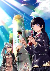  ! 3girls :d :o aisu_reizou black_blazer black_hair blue_eyes bow bowtie character_request clouds day eating grey_hair hair_bow hair_ornament hairclip higuchi_kaede jacket long_hair looking_at_viewer mouth_hold multiple_girls nijisanji open_mouth outdoors pen ponytail school_uniform skirt smile standing sunlught torch tsukino_mito very_long_hair violet_eyes virtual_youtuber 