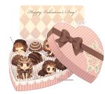  4girls :d argyle artist_name bangs blush bow box_of_chocolates brown_bow brown_dress brown_eyes brown_hair chibi chocolate closed_eyes closed_mouth dav-19 diagonal_stripes dress embarrassed eyebrows_visible_through_hair floral_print food_themed_clothes frilled_dress frills happy_valentine heart-shaped_box holding lace_background long_hair looking_at_viewer looking_away multiple_girls open_mouth original peeking_out personification puffy_short_sleeves puffy_sleeves rose_print short_hair short_sleeves sleeping smile striped transparent_background watermark web_address zzz 